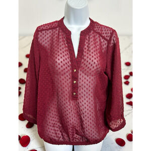 The Limited Burgundy Semi Sheer Blouse Sz Small 3/4 Sleeves Polka Dot Textured